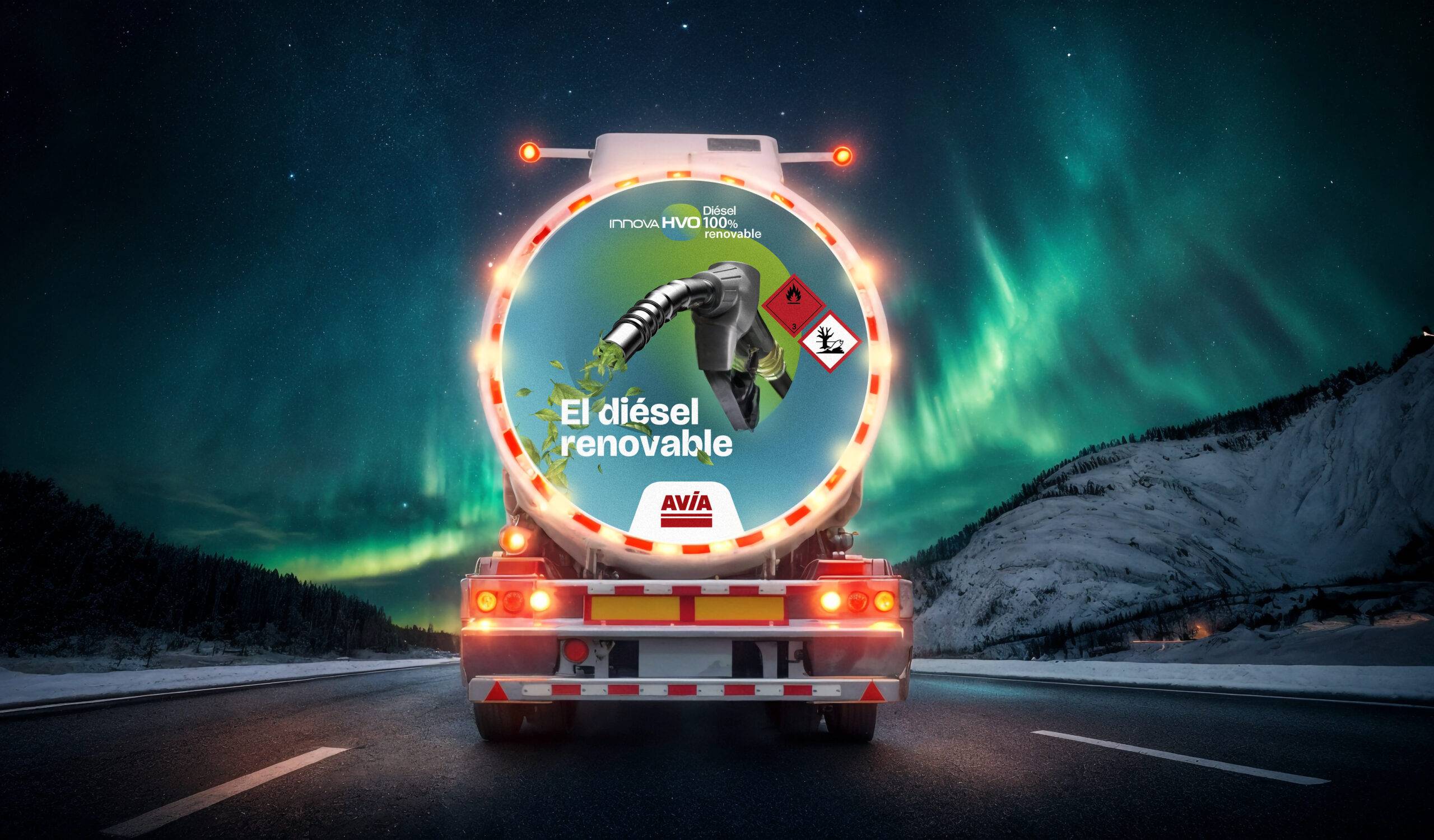 Parte trasera de camión cisterna de AVIA Innova HVO con gráfica del diésel renovable