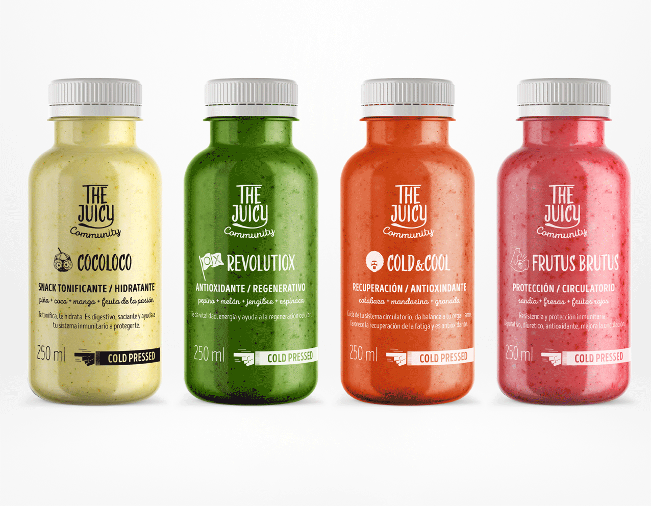 The Juicy Community creación de marca y packaging