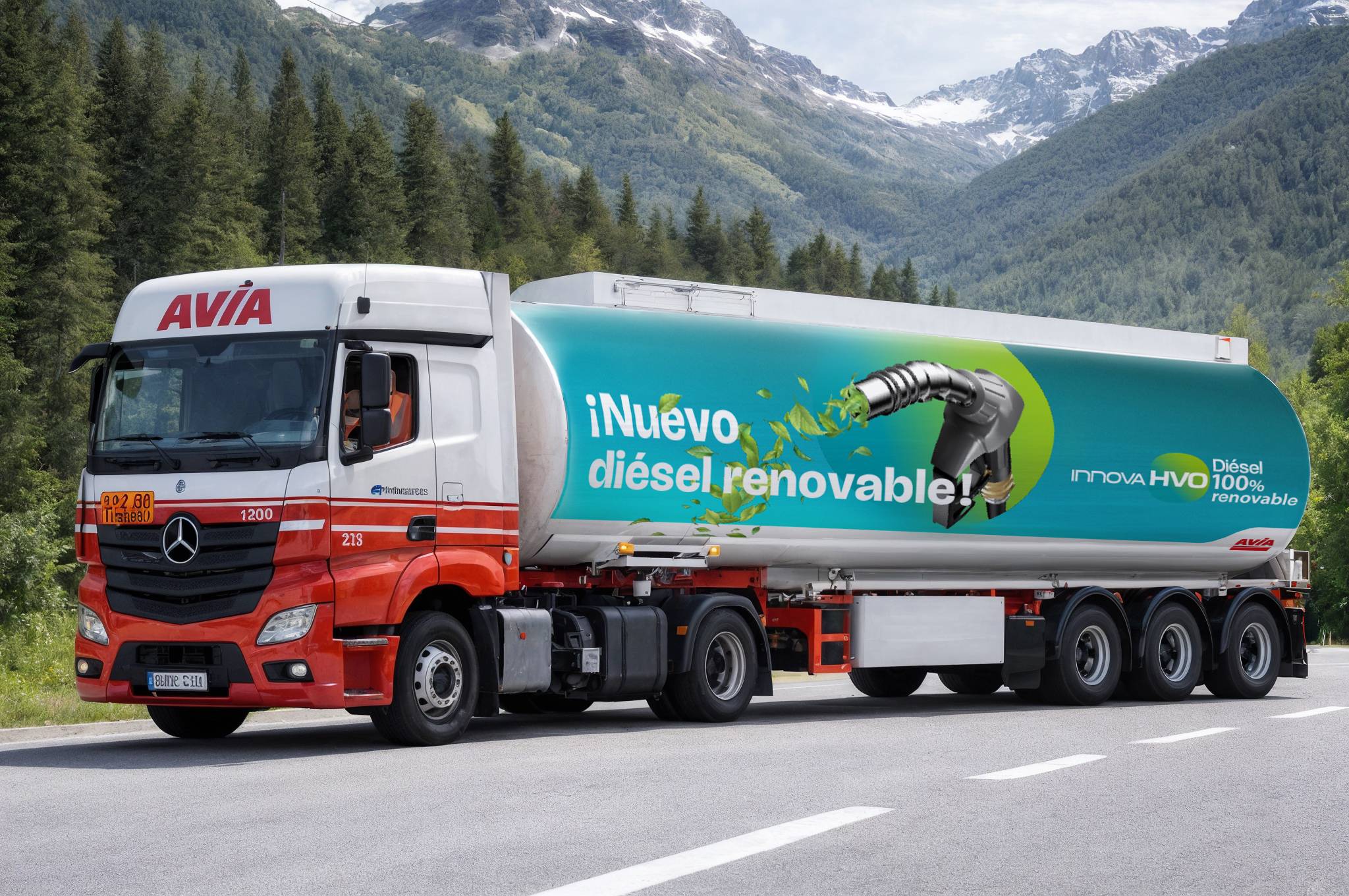 Camión cisterna de AVIA Innova HVO circulando por una carretera rodeada de bosque
