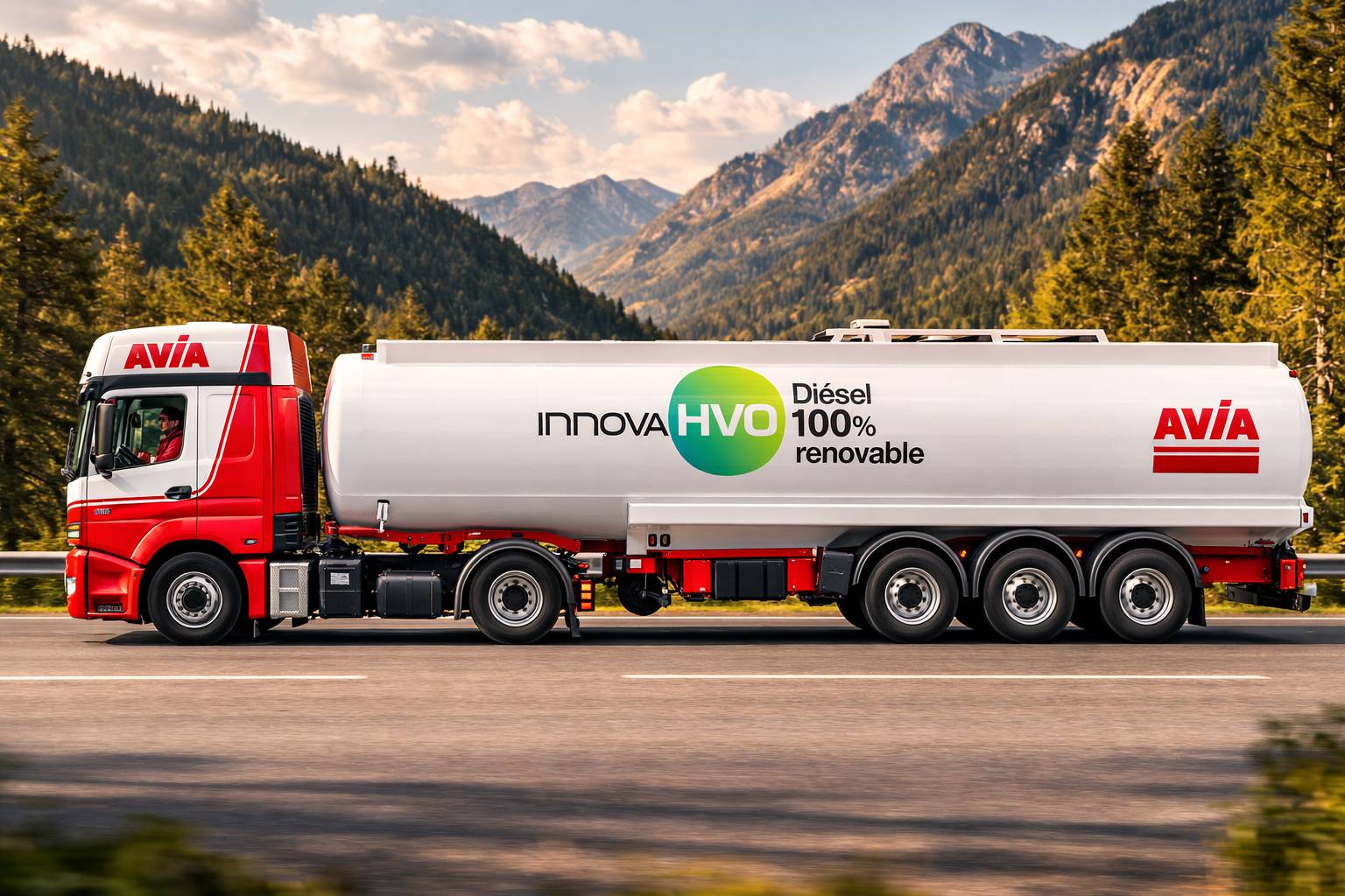 Vehículo cisterna de AVIA Innova HVO con aplicación de campaña sobre fondo de montaña